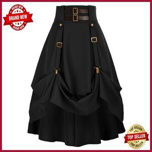Goth Steampunk Skirt High Waist Midi A-Line with Pockets S-2XL